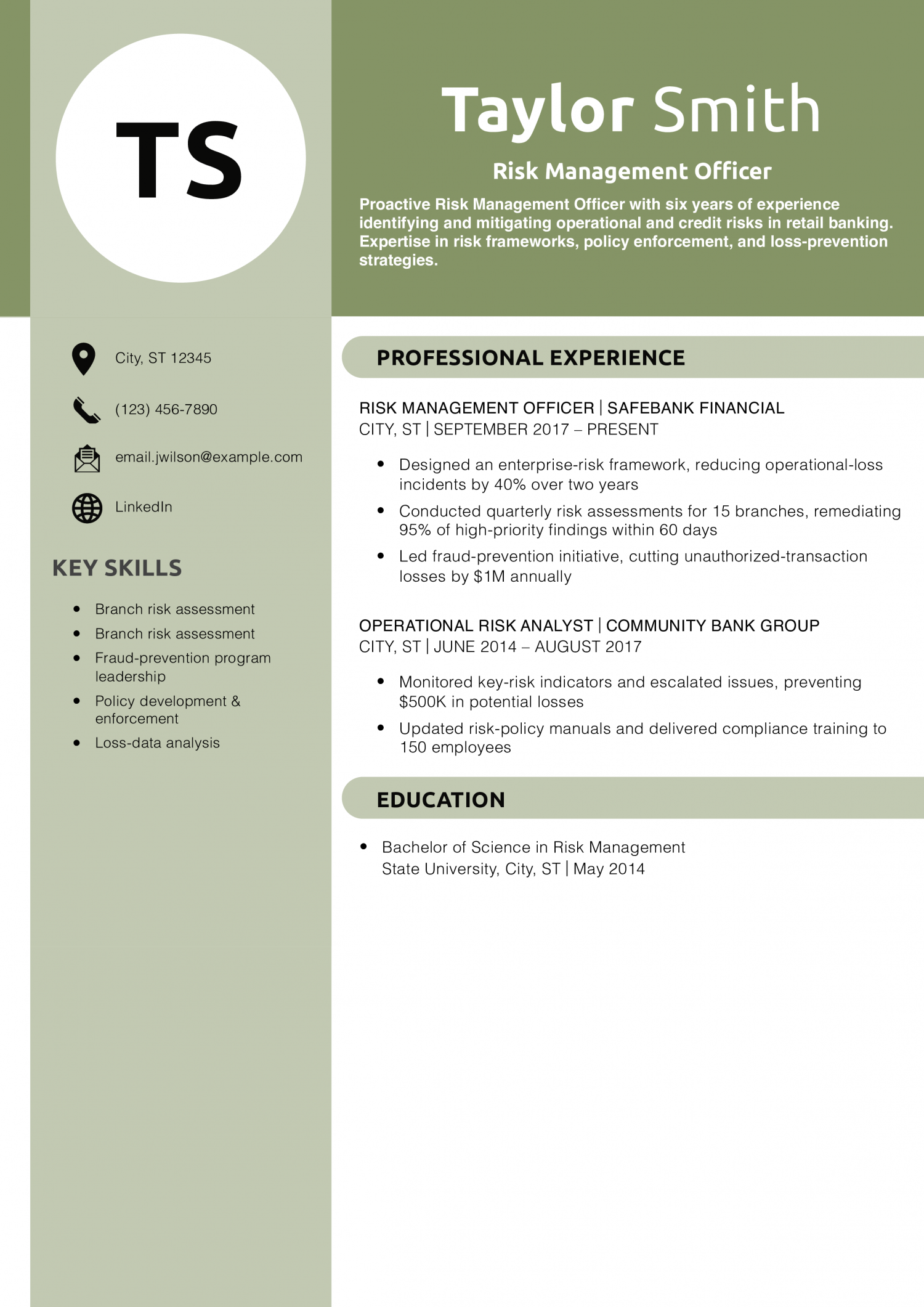 Risk Management Officer Resume Example