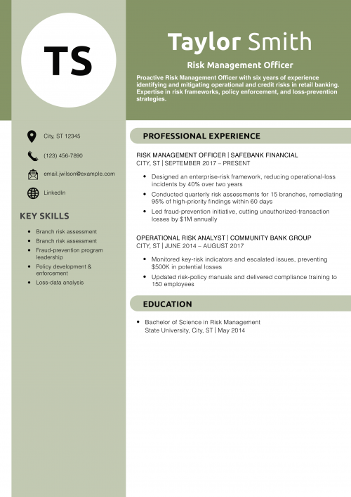 Risk Management Officer Resume Example