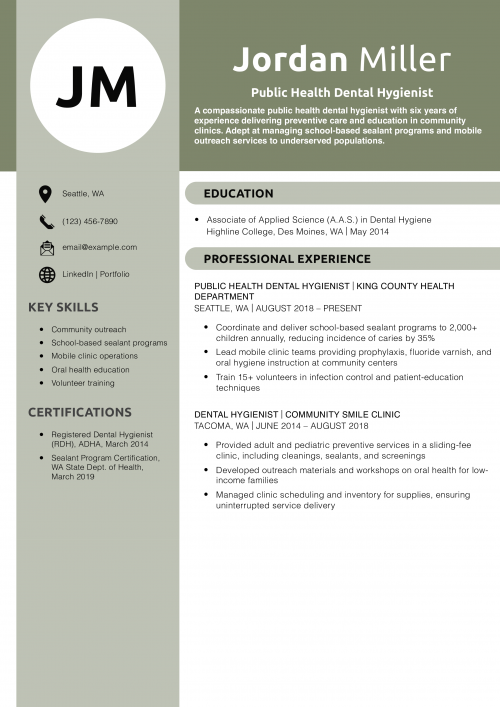 Public Health Dental Hygienist Resume Example