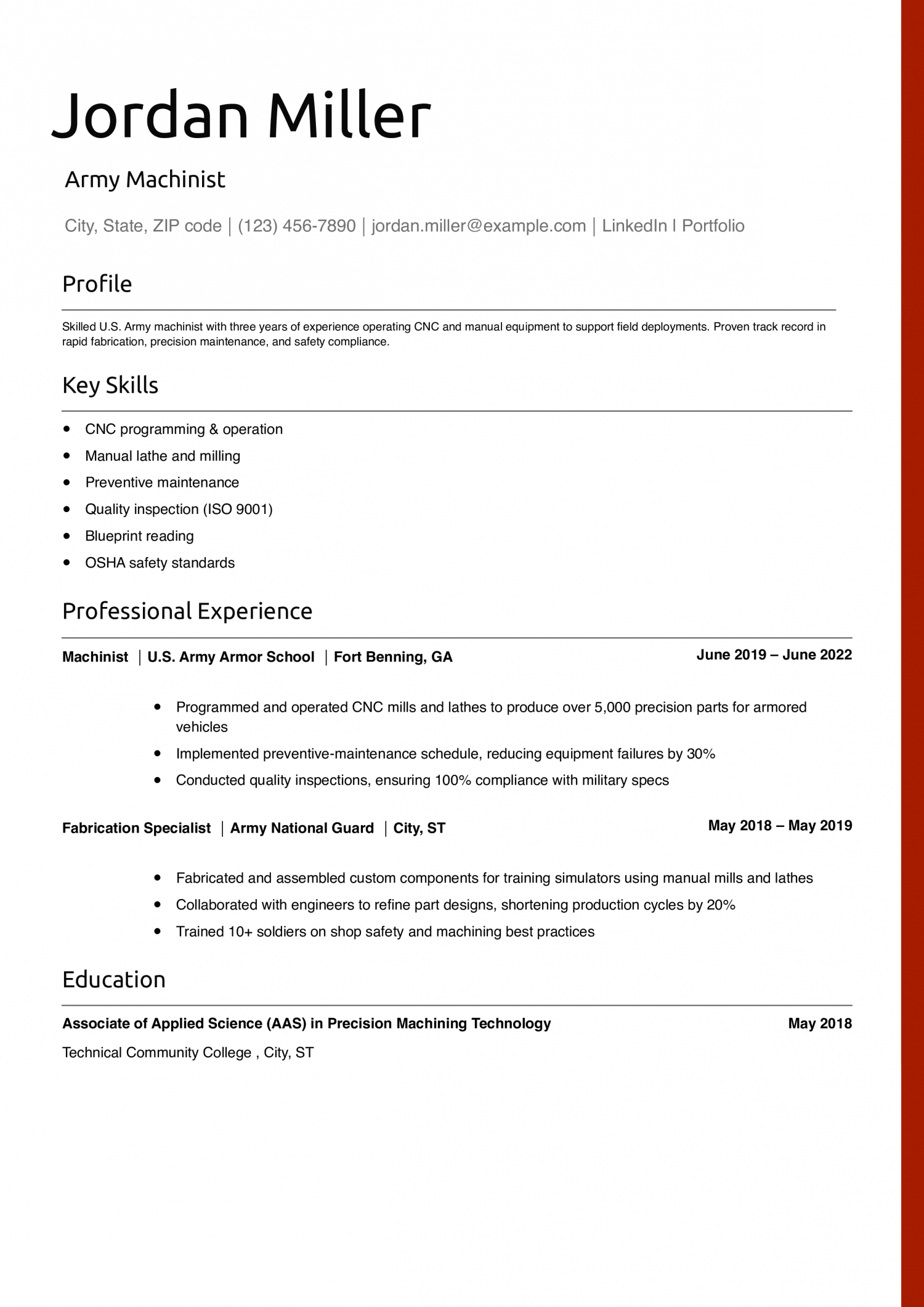 Army Machinist Resume Example 