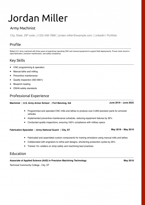 Army Machinist Resume Example 