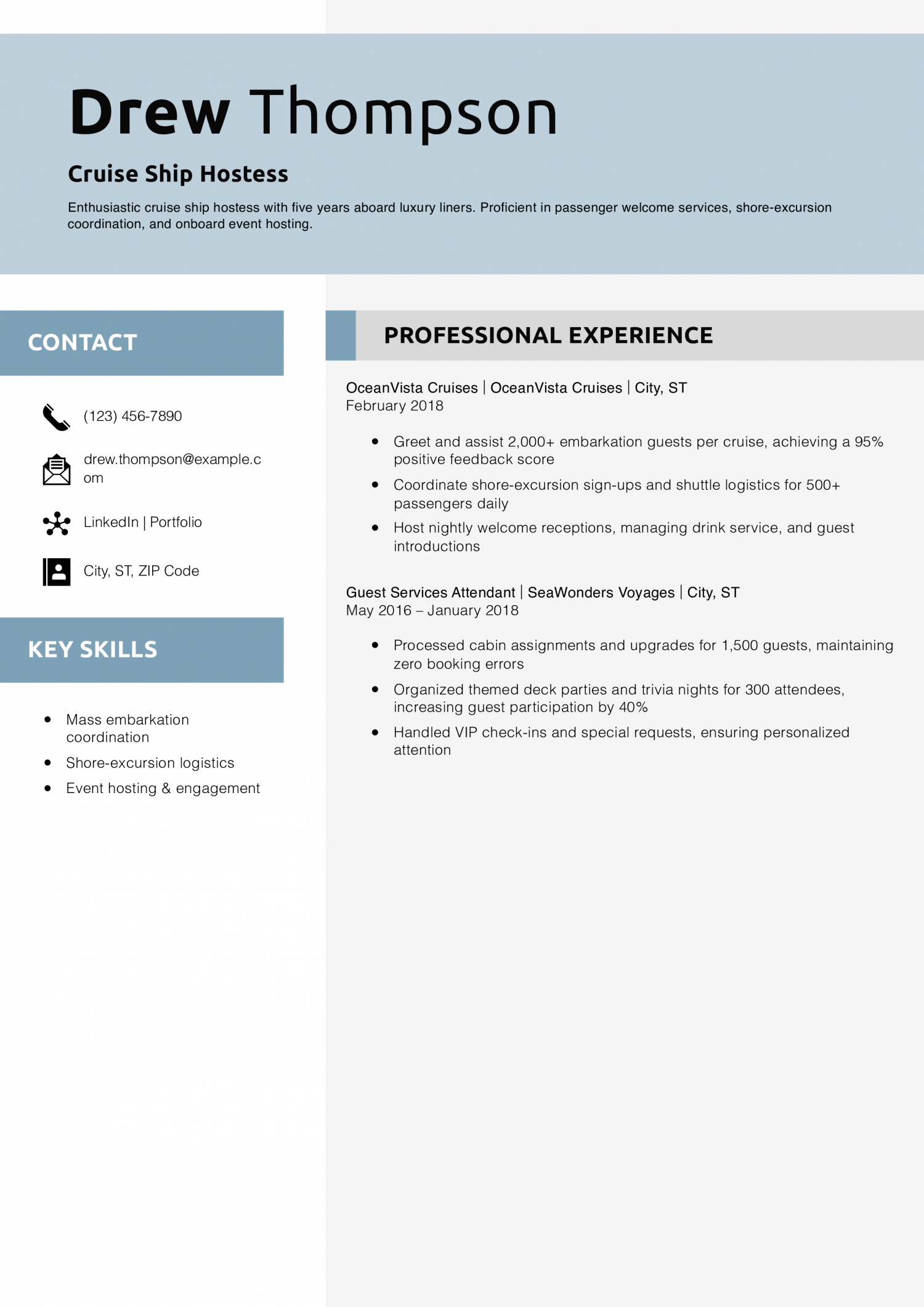 Cruise Ship Hostess Resume Example