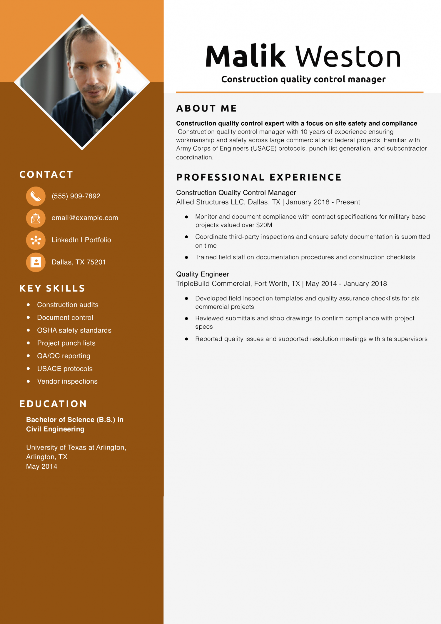 Construction quality control manager resume