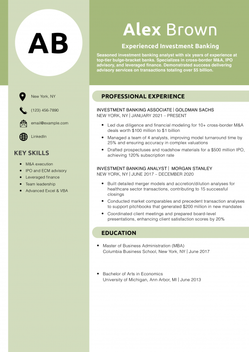 Experienced Investment Banking Resume Example