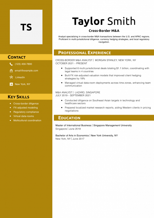 Cross-Border M&A Resume Example