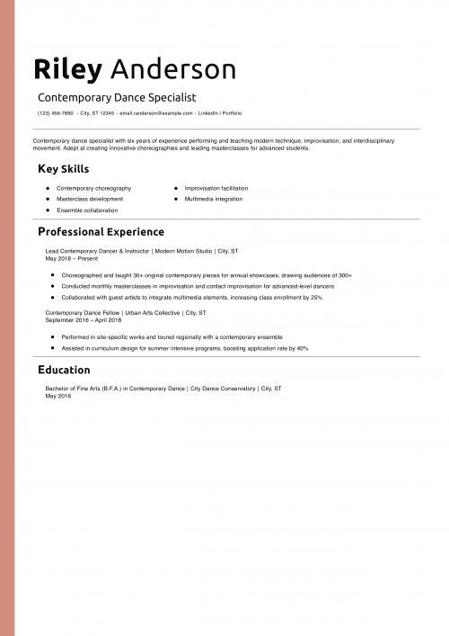 Contemporary Dance Specialist Resume Example