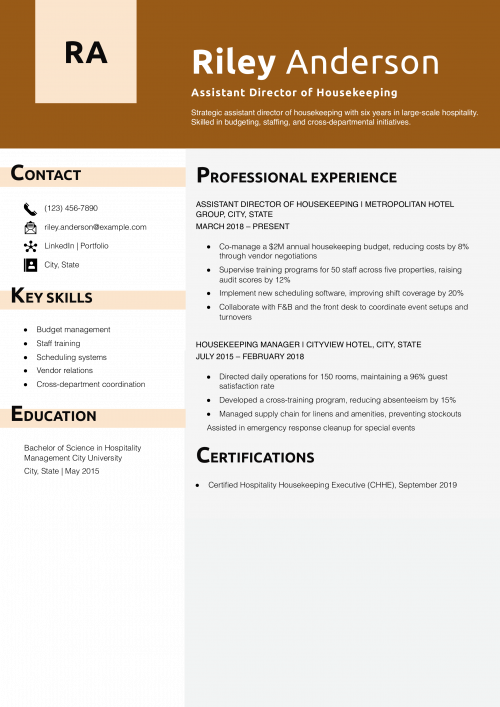 Assistant Director of Housekeeping Resume Example