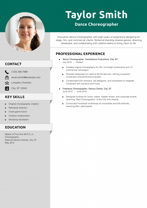 Dance Choreographer Resume Example