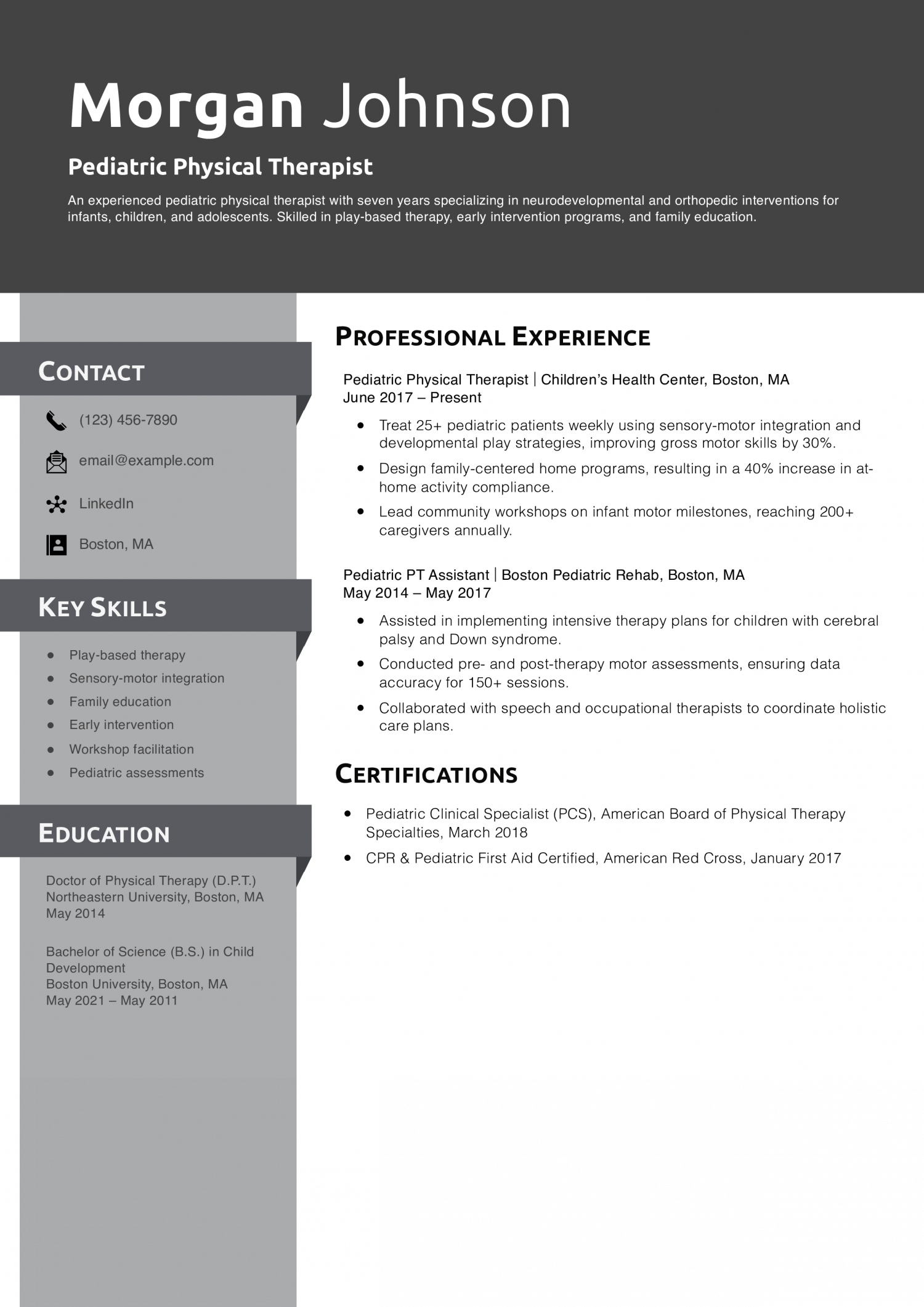 Pediatric Physical Therapist Resume Example