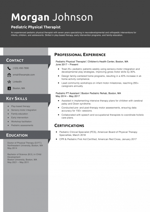 Pediatric Physical Therapist Resume Example