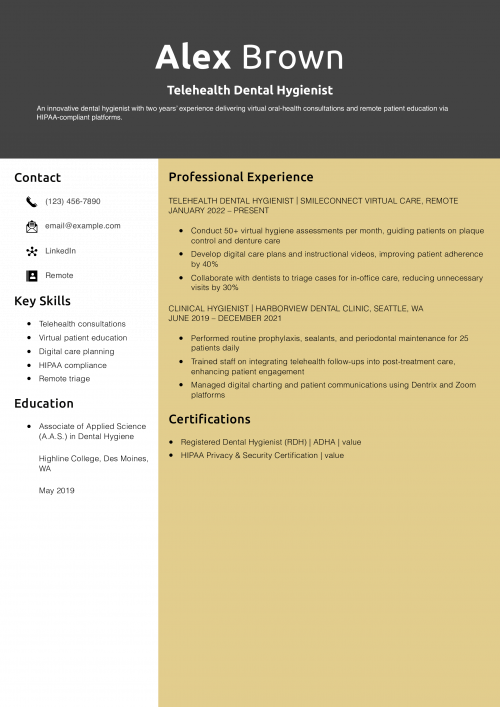 Telehealth Dental Hygienist Resume Example