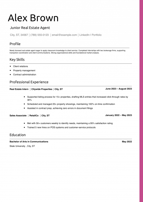 Junior Real Estate Agent Resume Example 