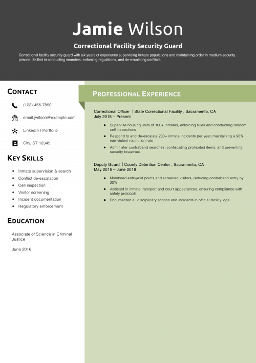 Correctional Facility Security Guard Resume Example 