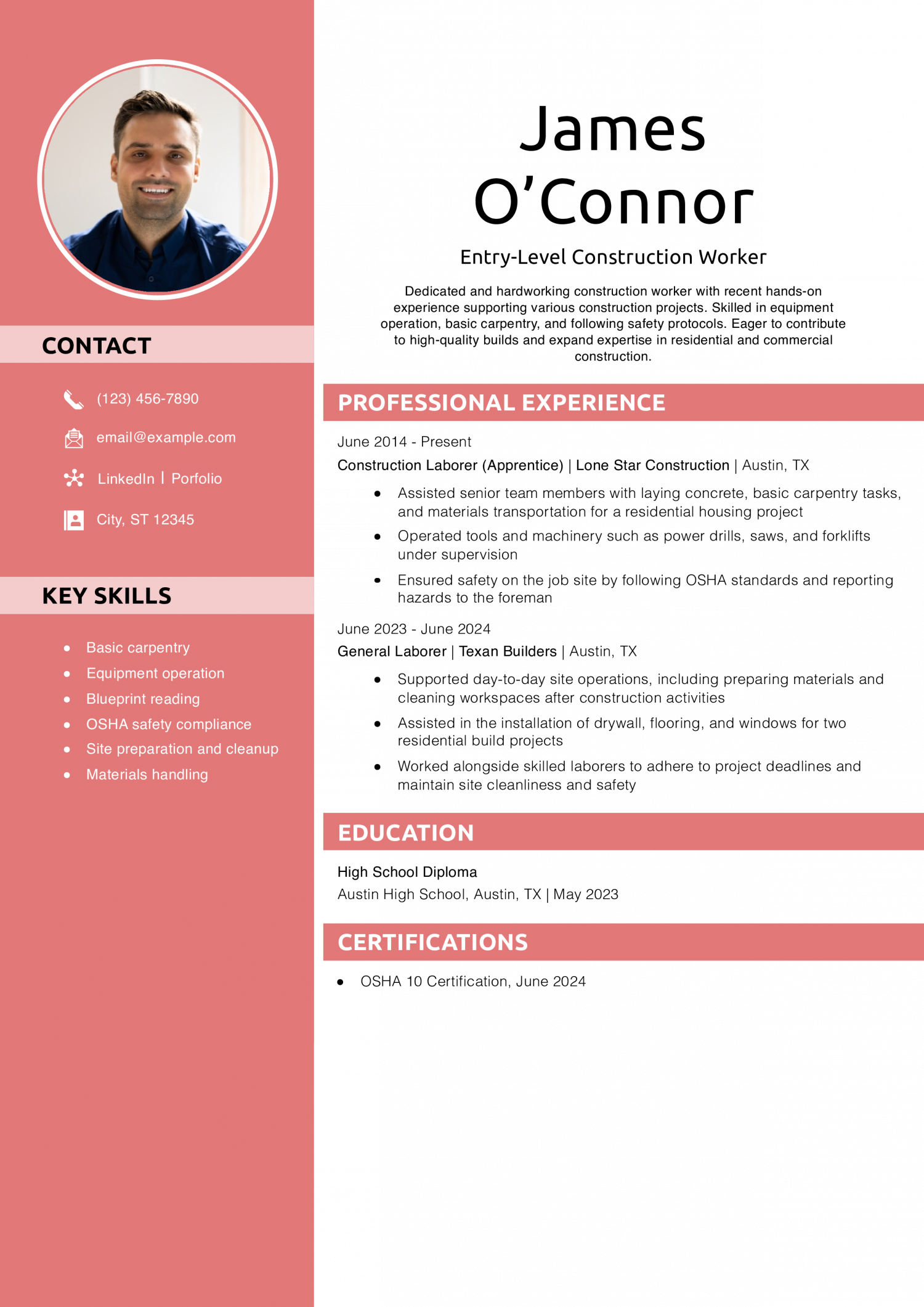 Entry-Level Construction Worker Resume Example