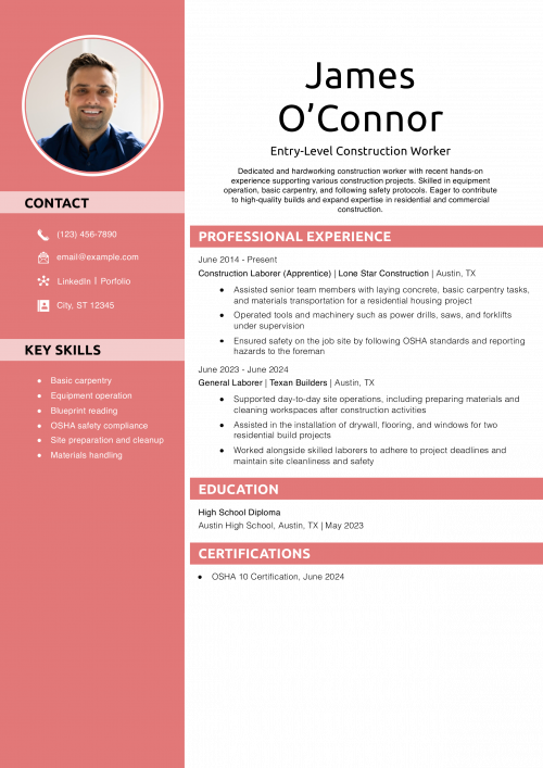 Entry-Level Construction Worker Resume Example