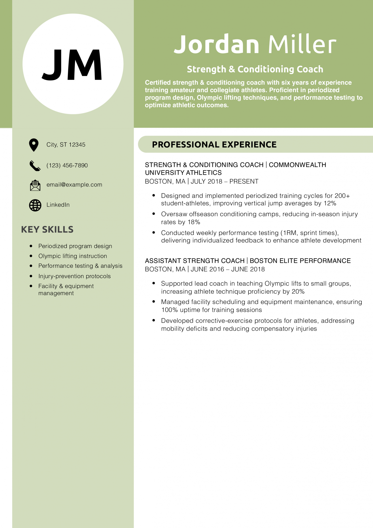 Strength & Conditioning Coach Resume Example