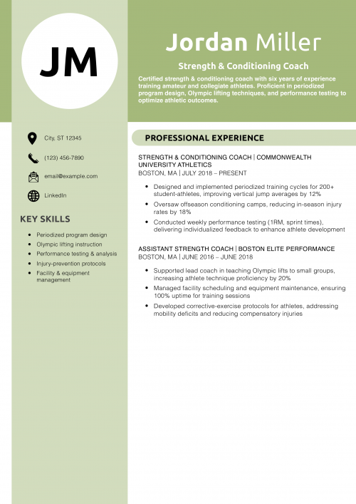 Strength & Conditioning Coach Resume Example
