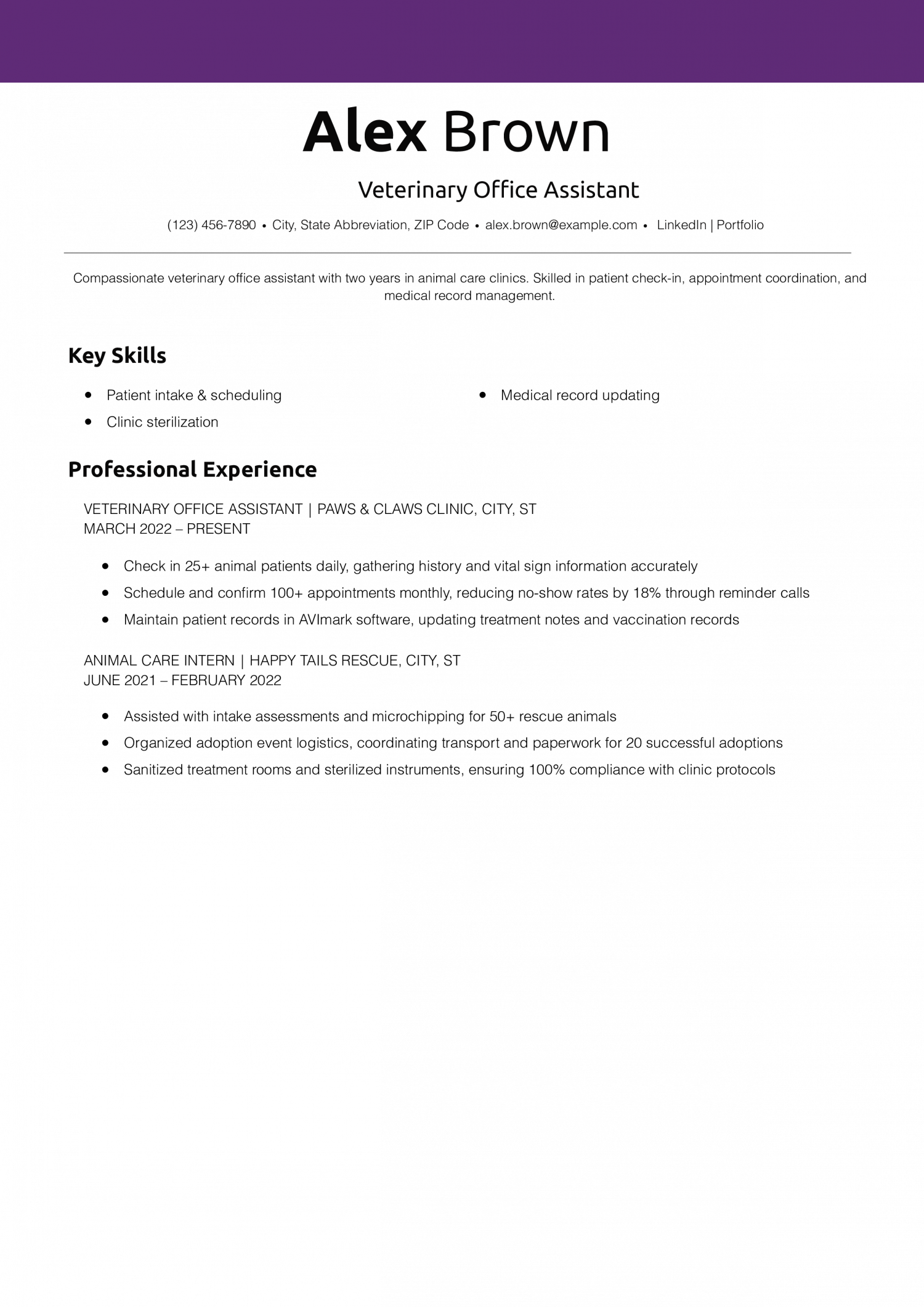 Veterinary Office Assistant Resume Example