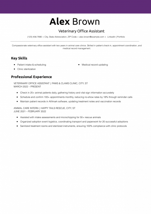 Veterinary Office Assistant Resume Example