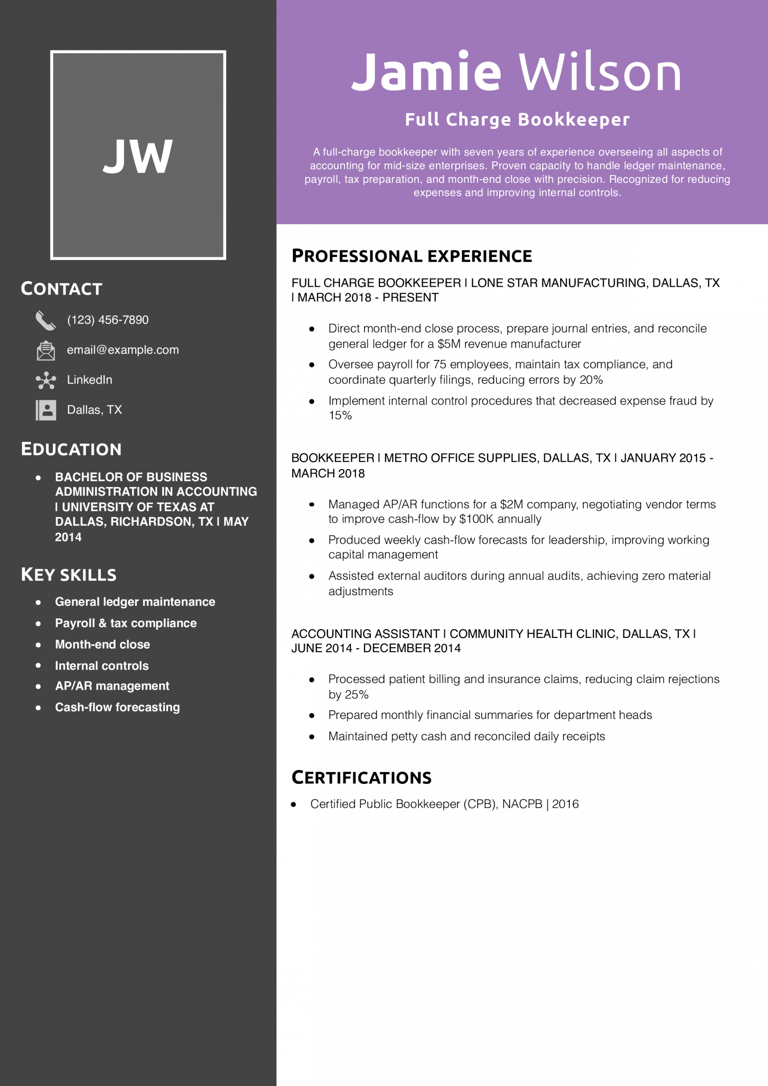 Full Charge Bookkeeper Resume Example 