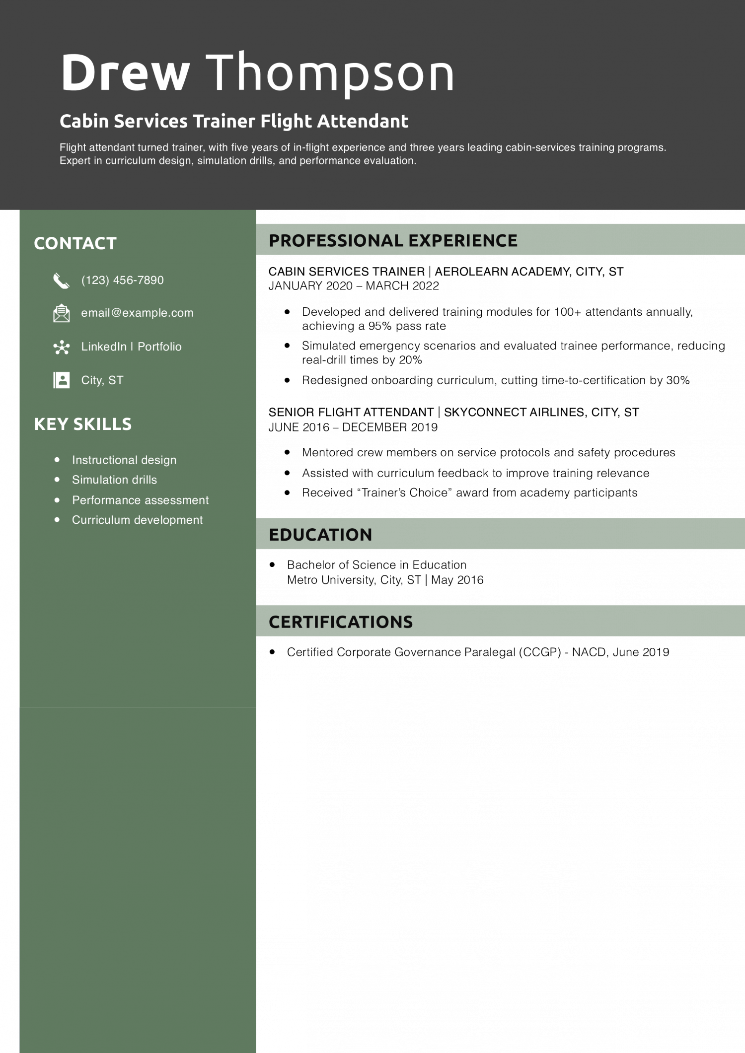 Cabin Services Trainer Flight Attendant Resume Example