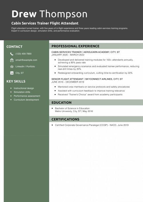 Cabin Services Trainer Flight Attendant Resume Example