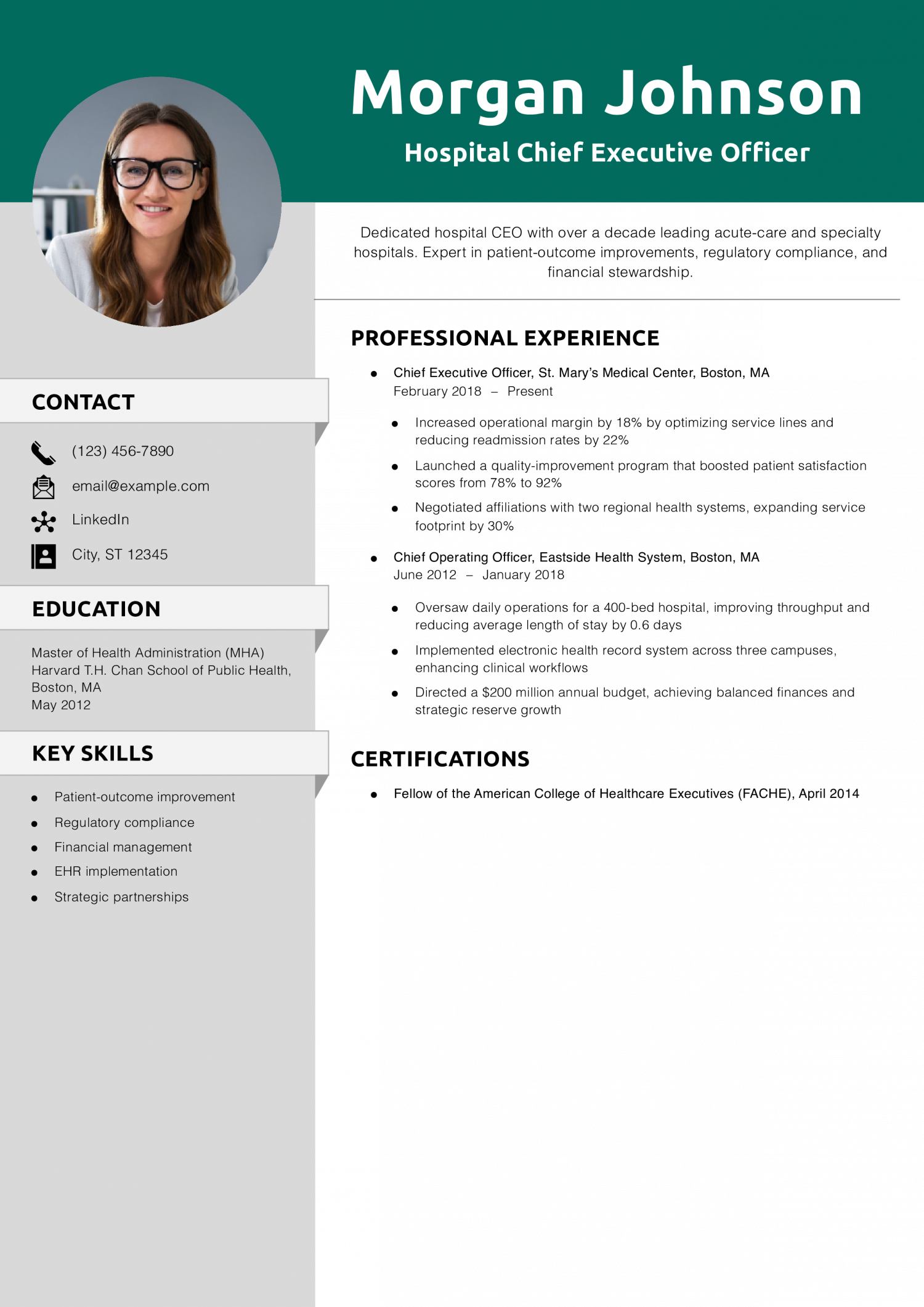 Hospital Chief Executive Officer Resume Example