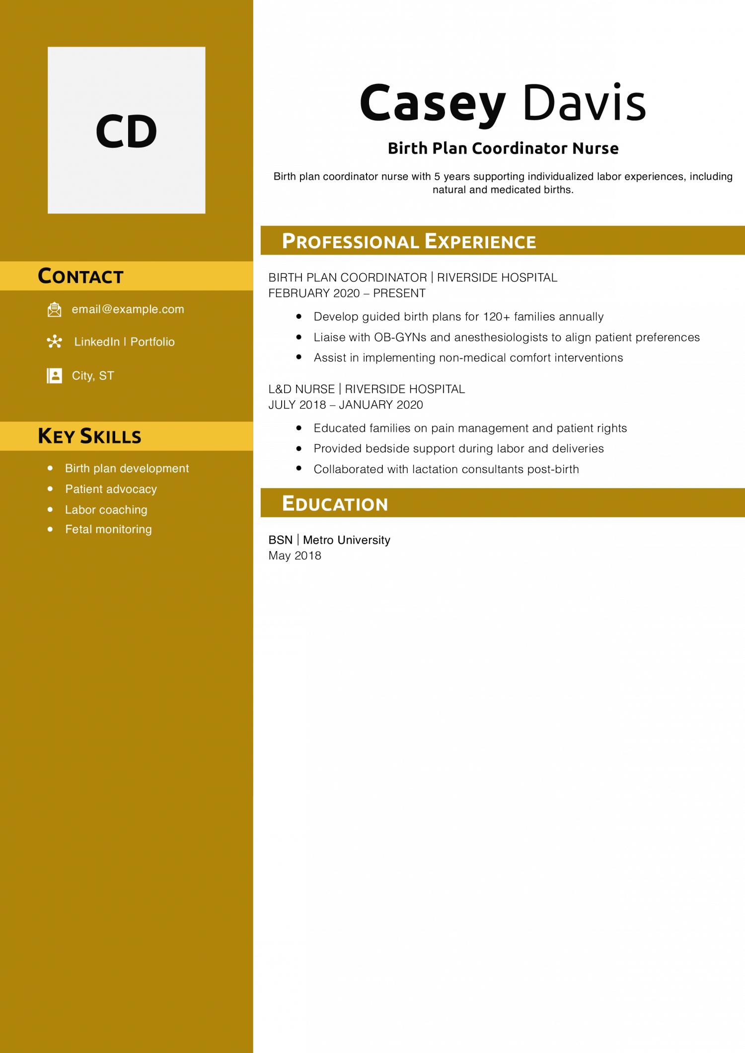 Birth Plan Coordinator Nurse Resume Example