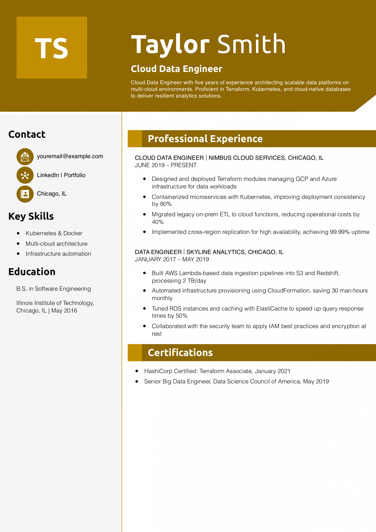 Cloud Data Engineer Resume Example