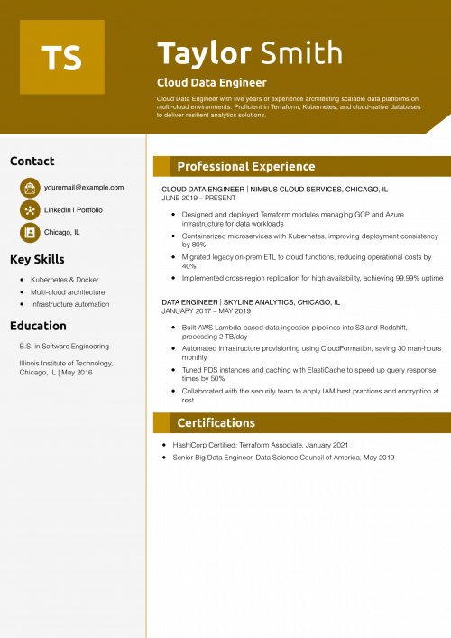 Cloud Data Engineer Resume Example