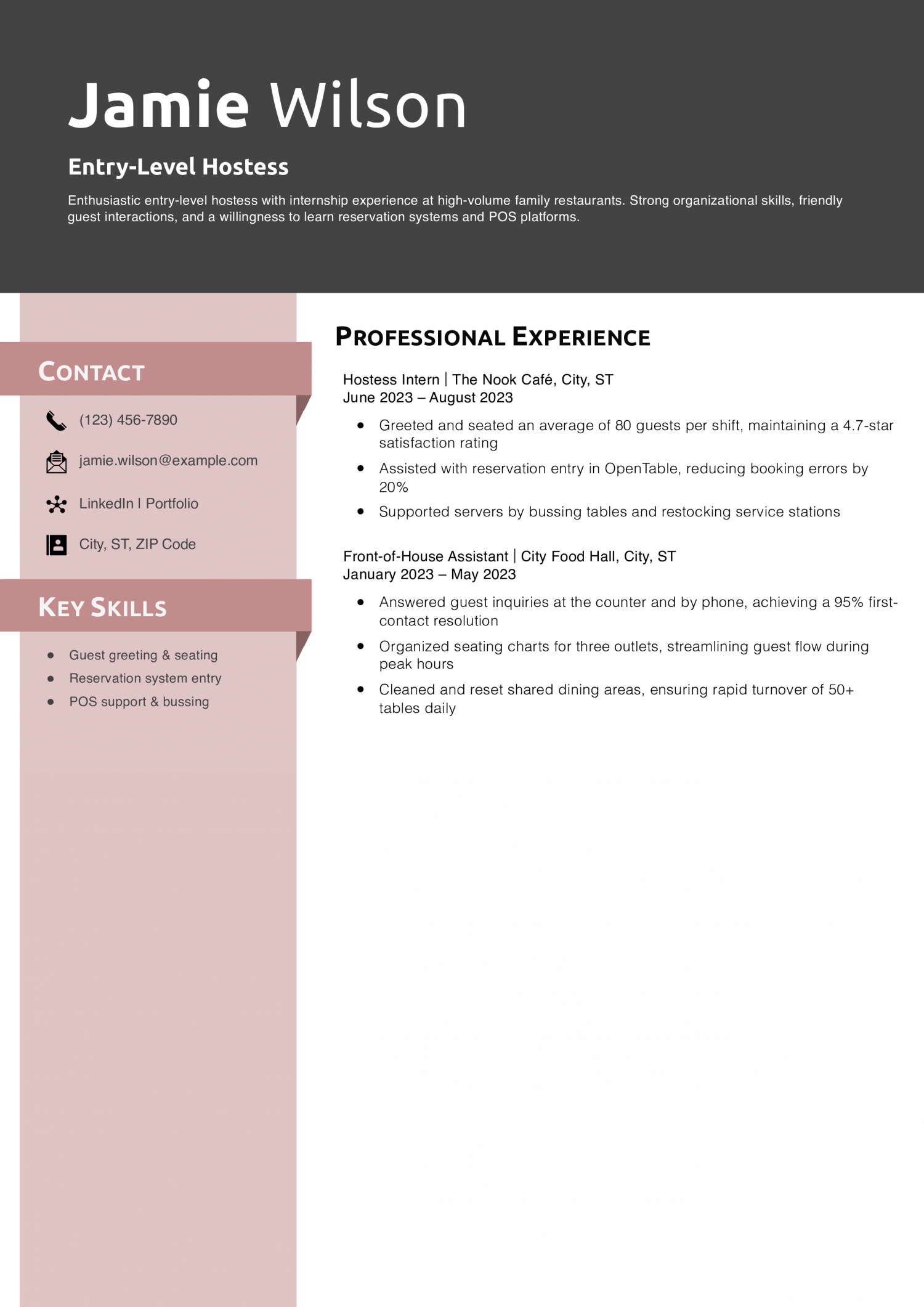 Entry-Level Hostess Resume Example