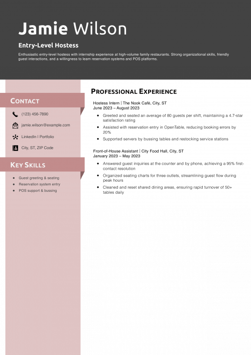 Entry-Level Hostess Resume Example