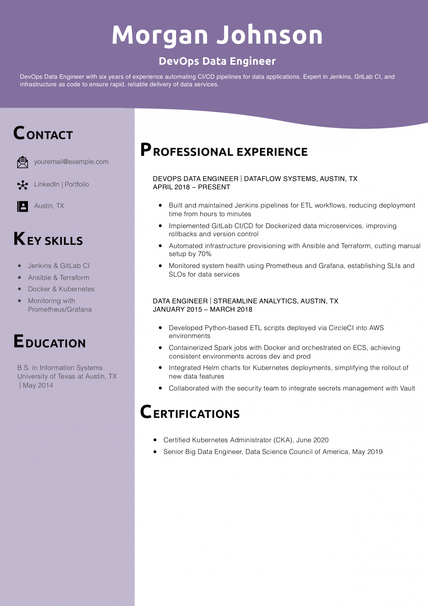 DevOps Data Engineer Resume Example