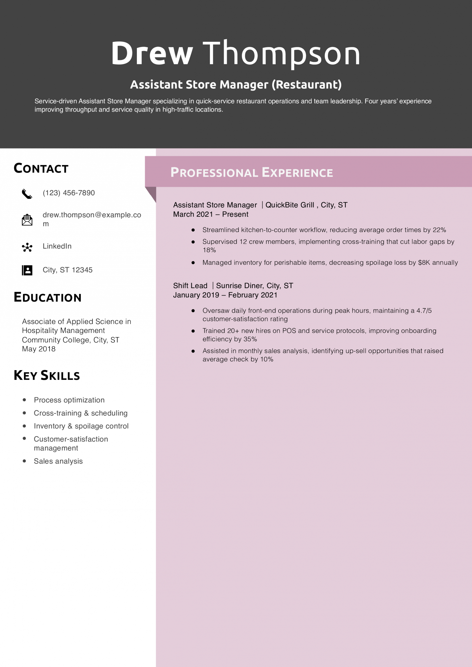 Assistant Store Manager (Restaurant) Resume Example
