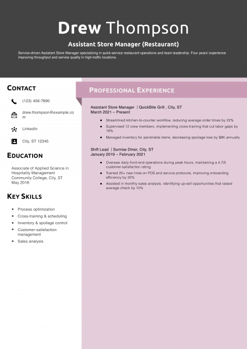 Assistant Store Manager (Restaurant) Resume Example 
