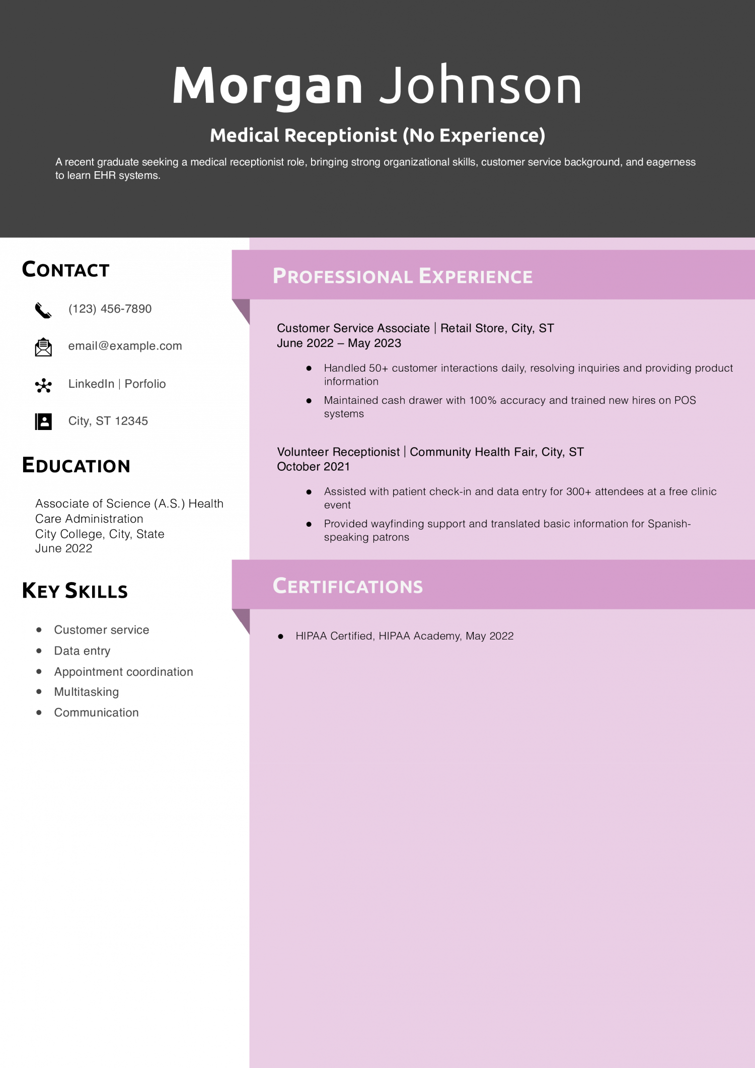 Medical Receptionist Resume (No Experience) Example