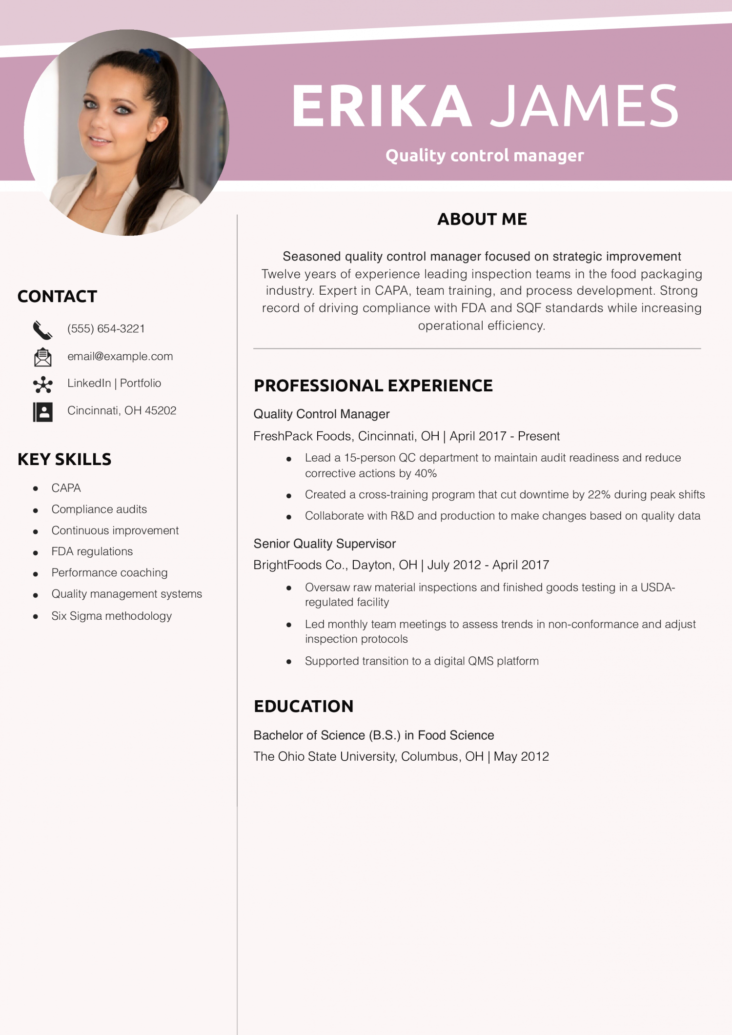 Quality control manager resume