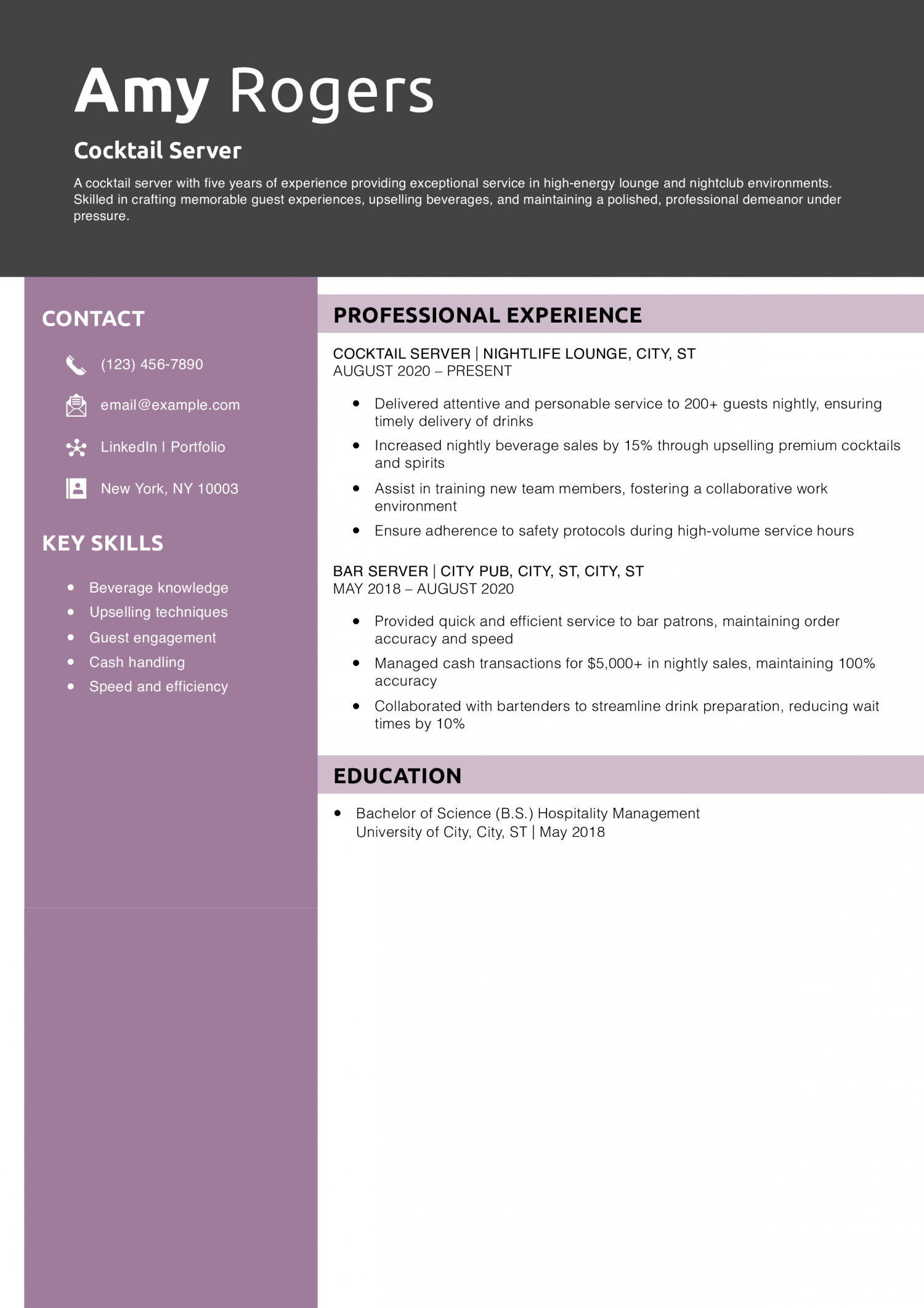 Cocktail Server Resume Example