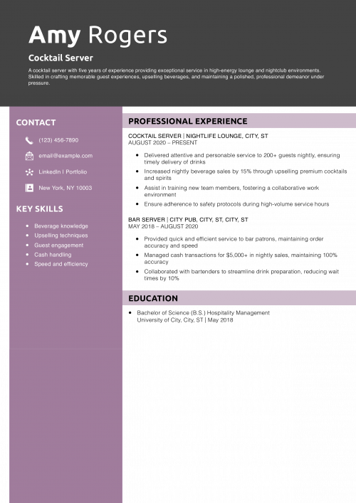 Cocktail Server Resume Example