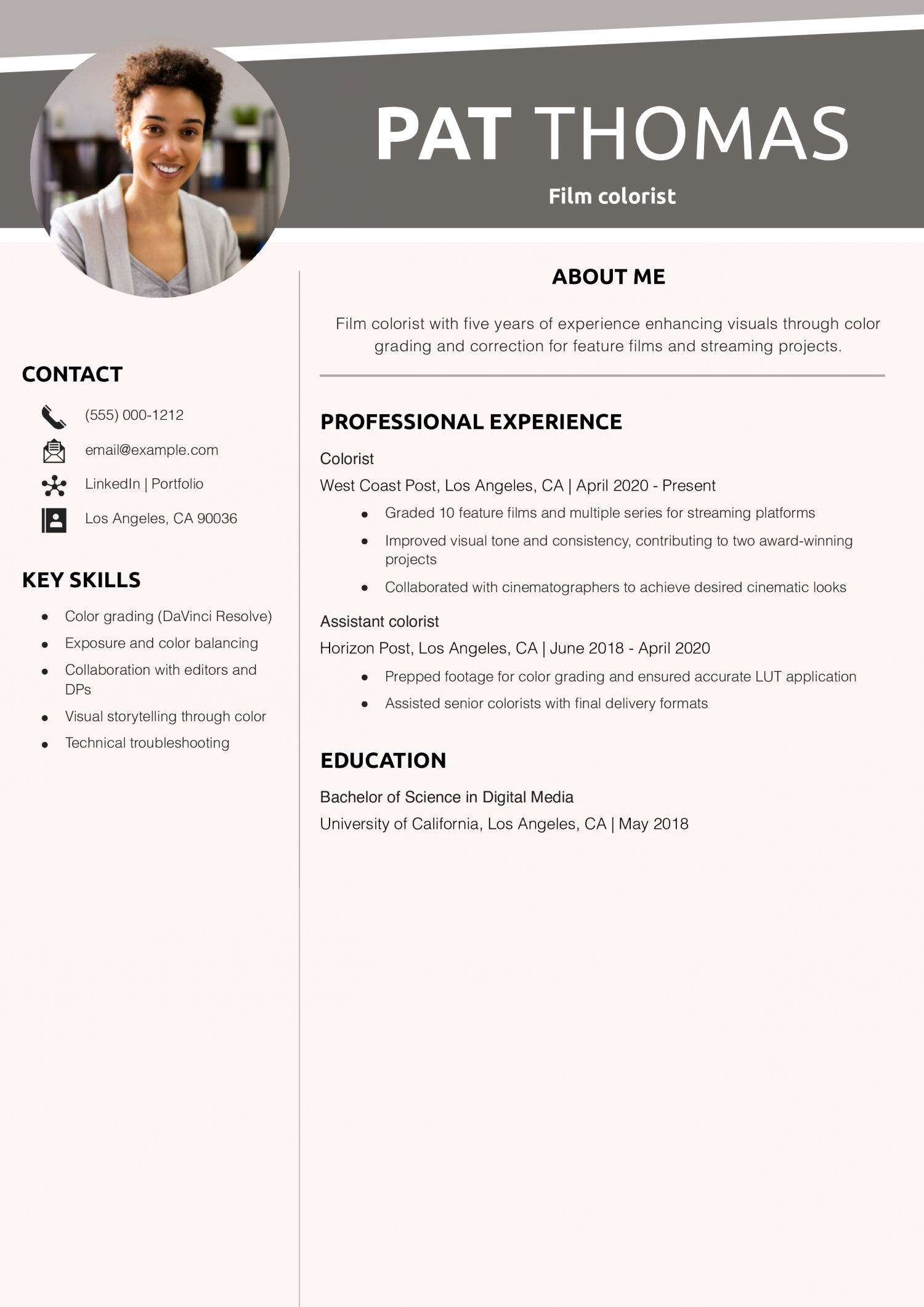 Film colorist resume example