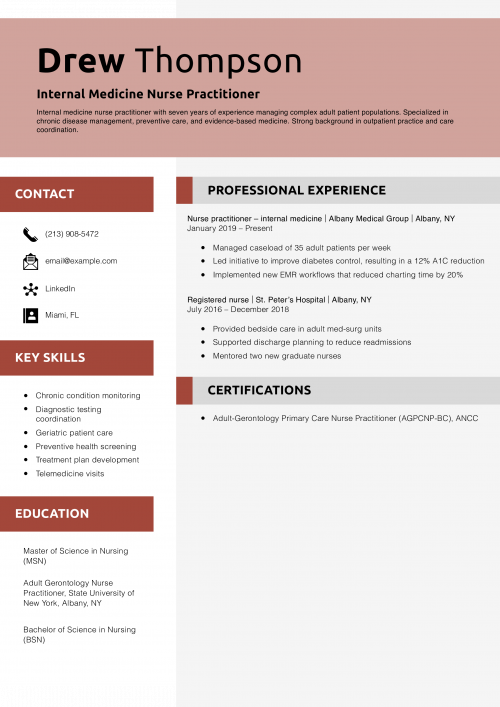 Internal Medicine Nurse Practitioner Resume Example