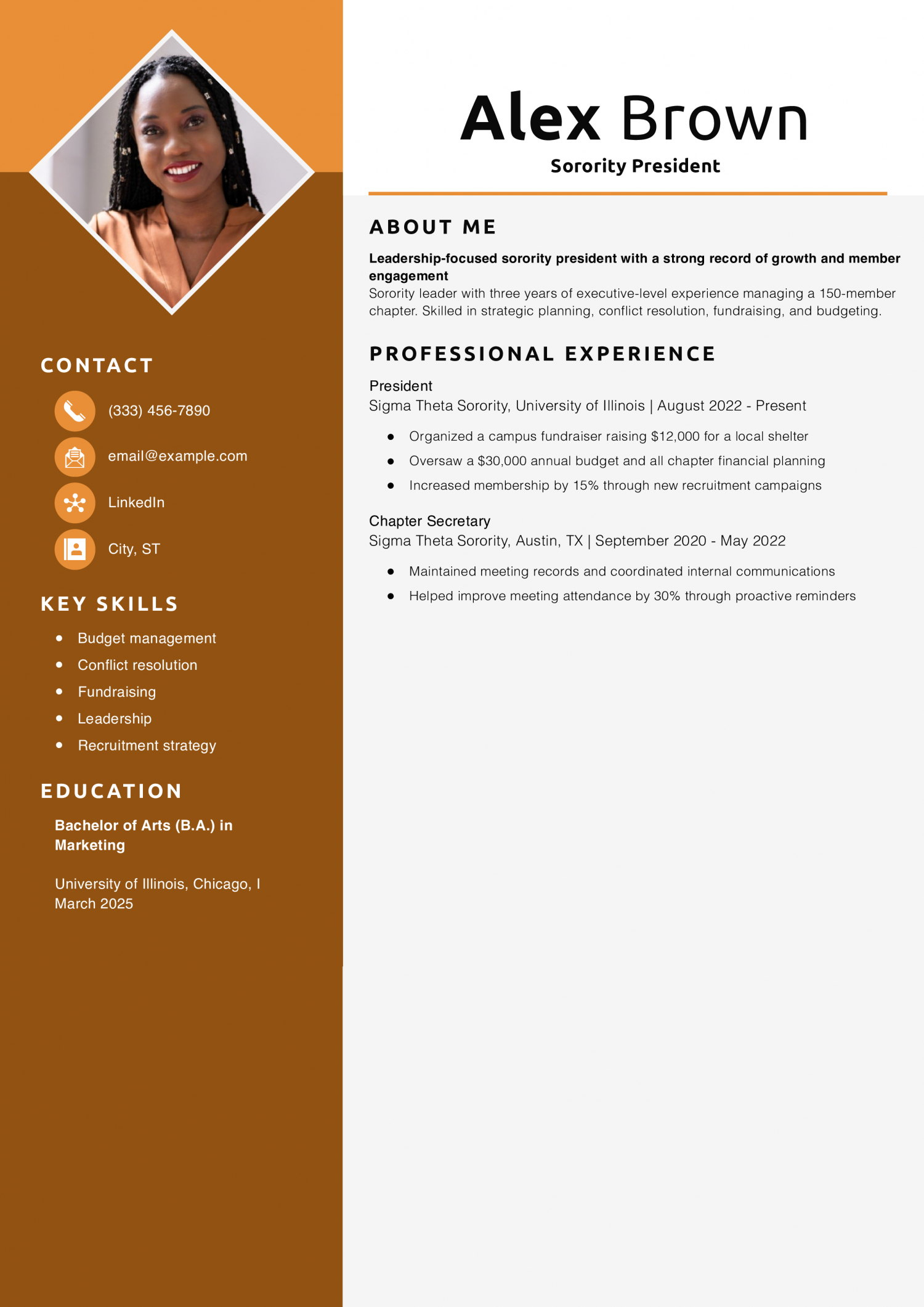 Sorority President Resume Example