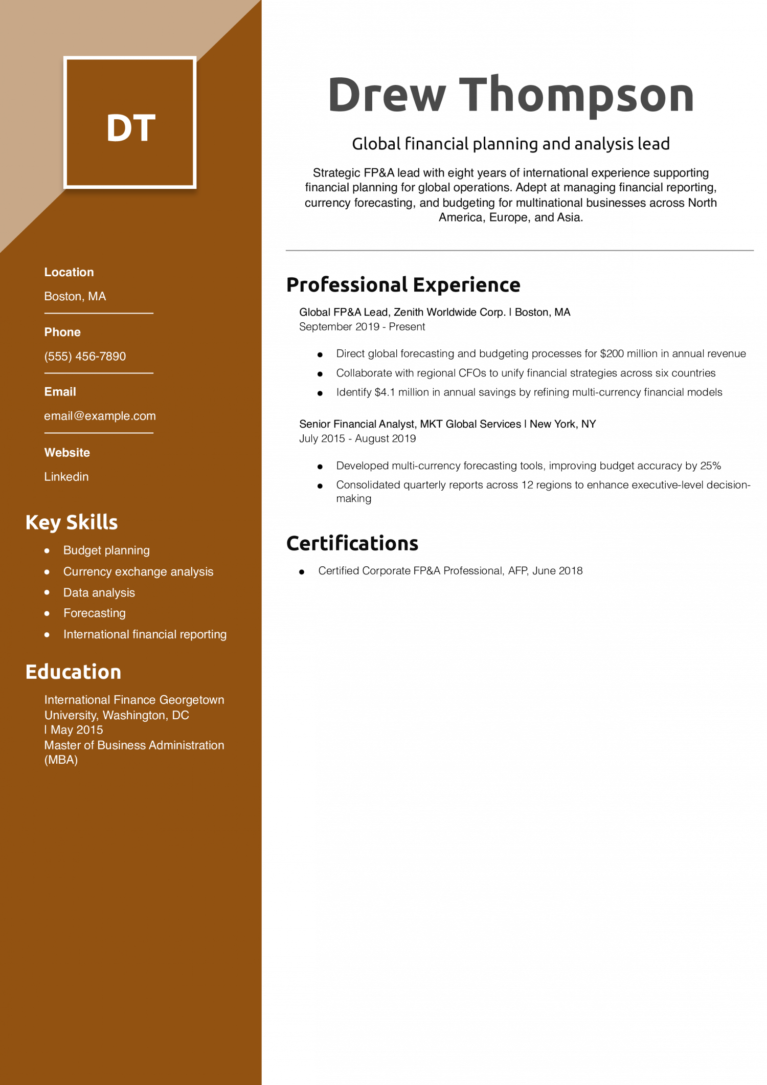Global financial planning and analysis lead resume example