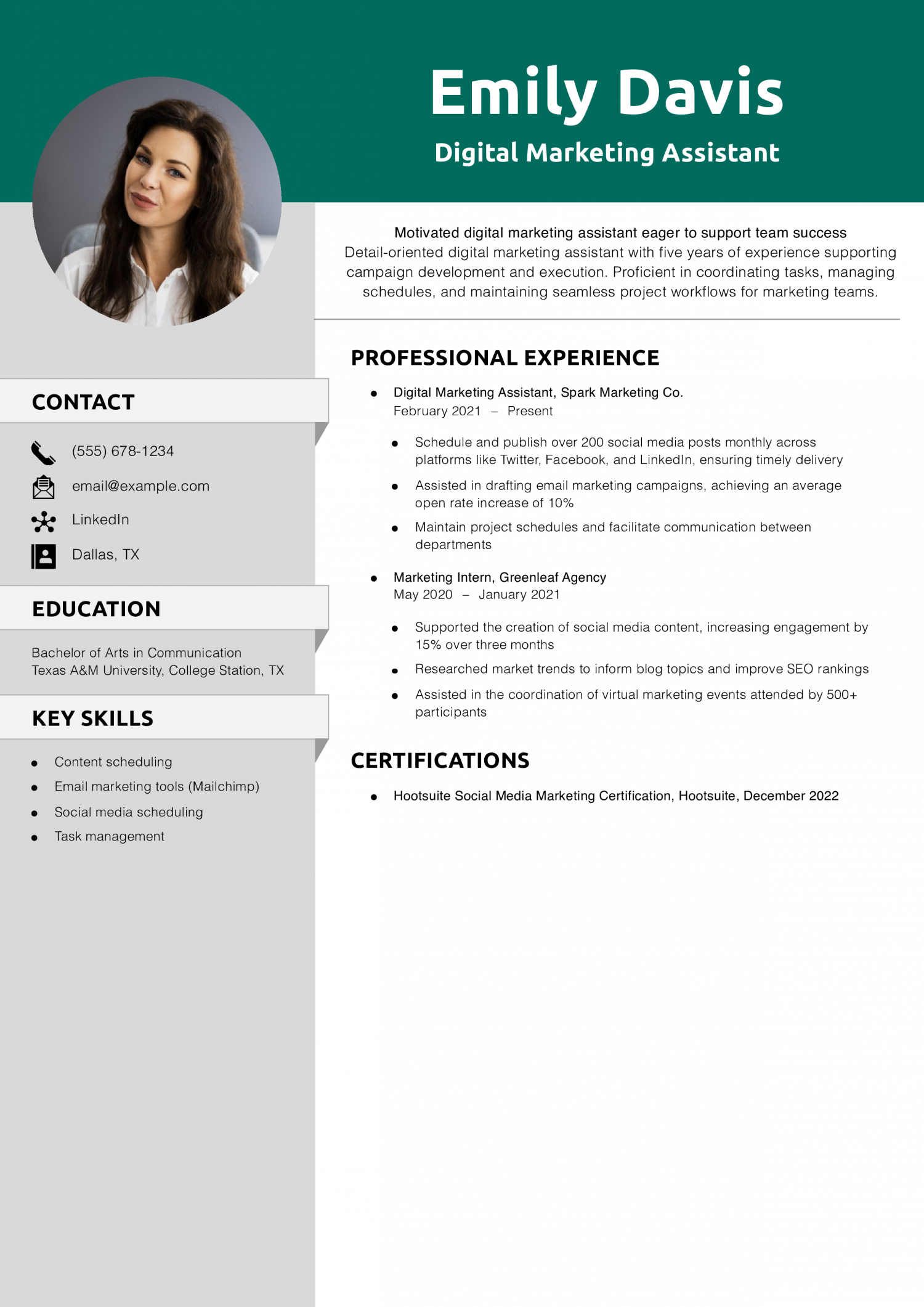 Digital Marketing Assistant Resume
