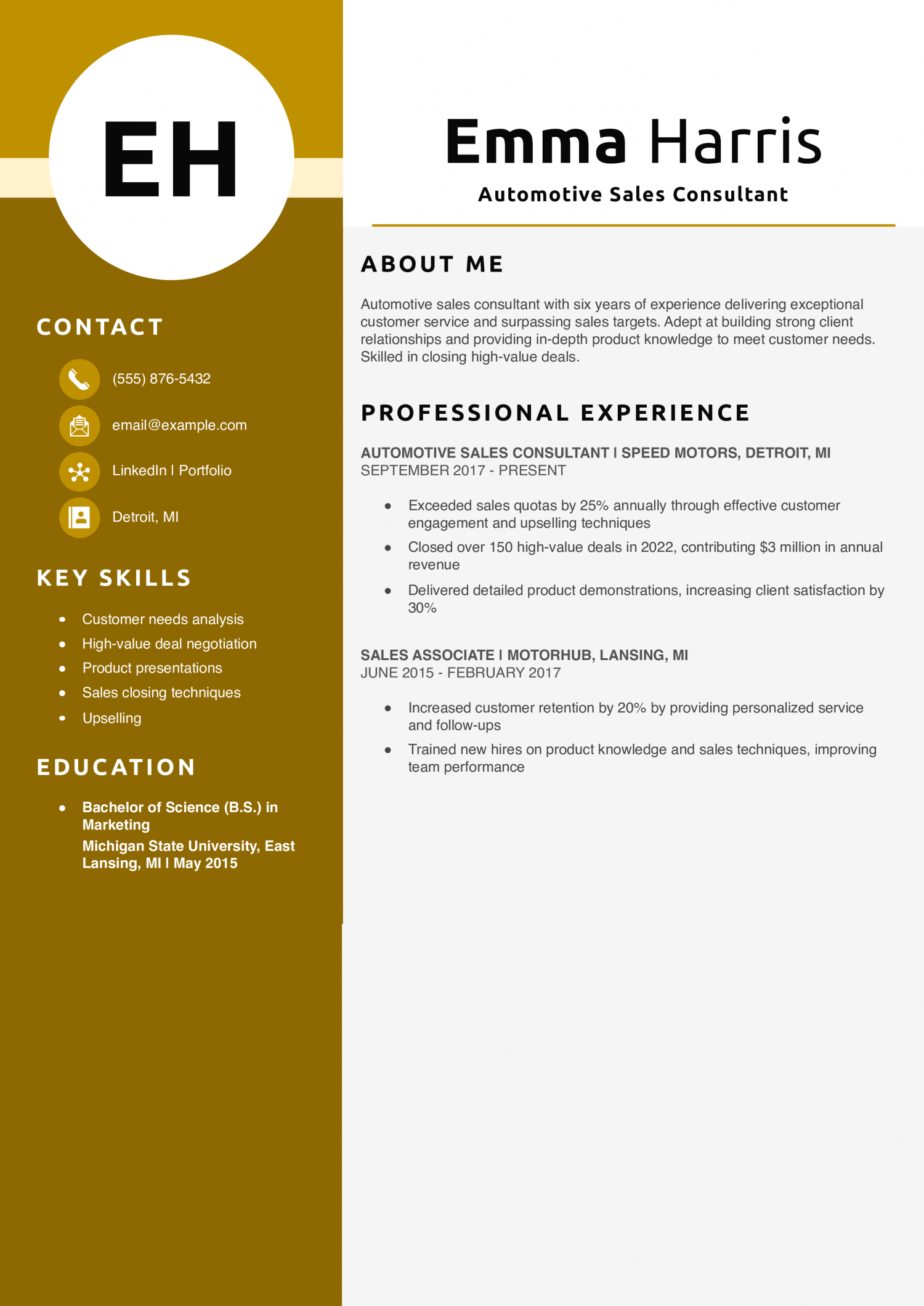 Automotive Sales Consultant Resume Example