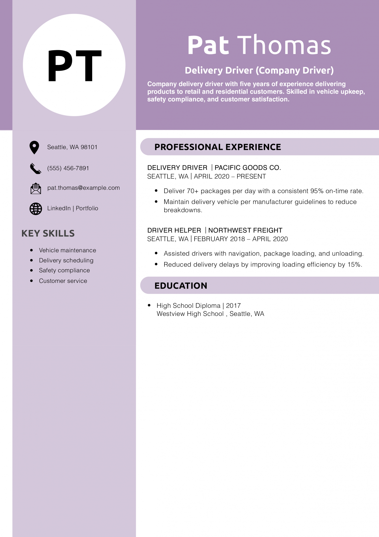 Delivery Driver (Company Driver) Resume Example 