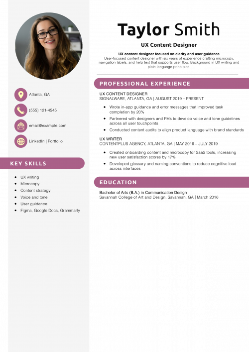 UX Content Designer Resume Example