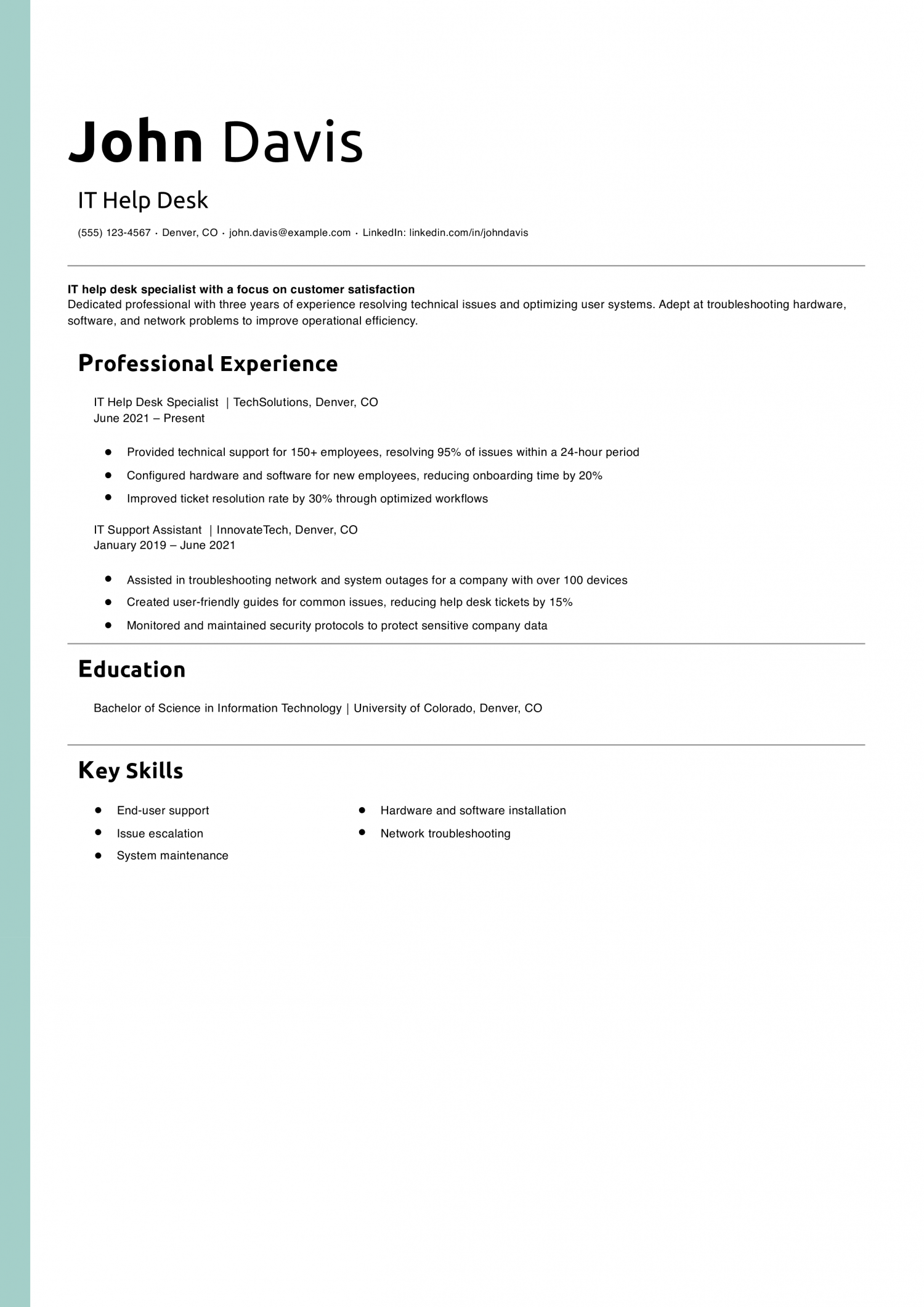  IT Help Desk Resume Example  