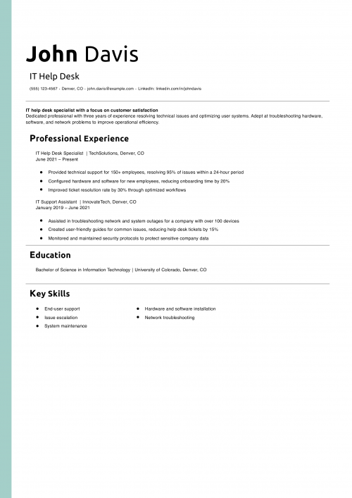  IT Help Desk Resume Example  