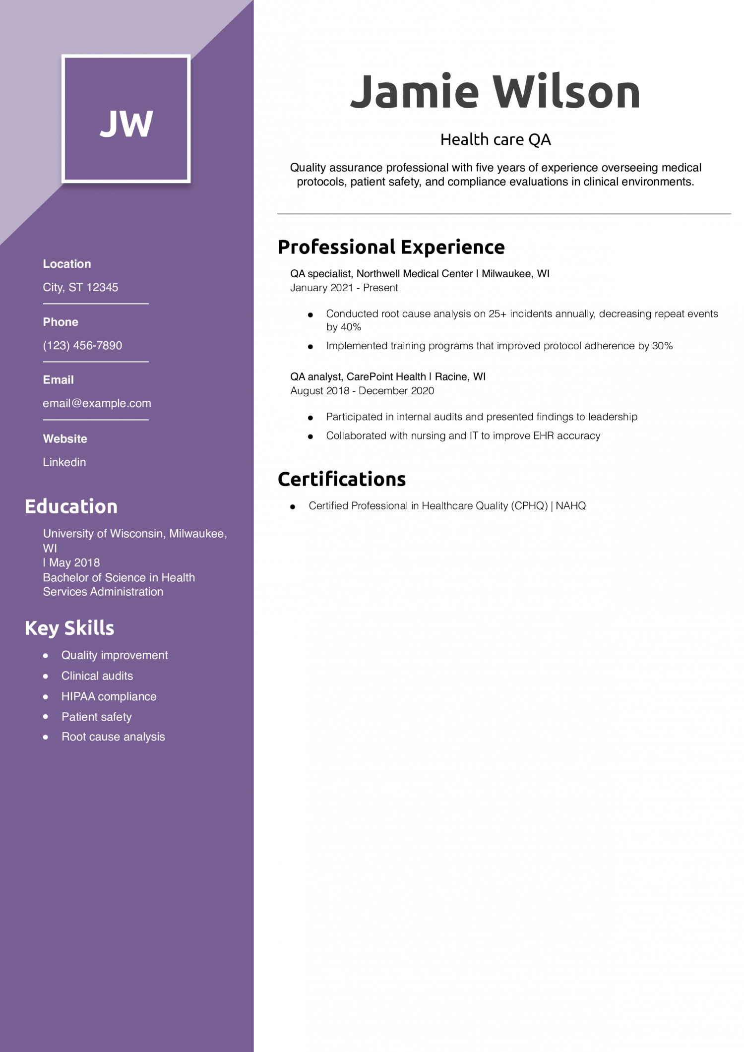 Health care QA resume example